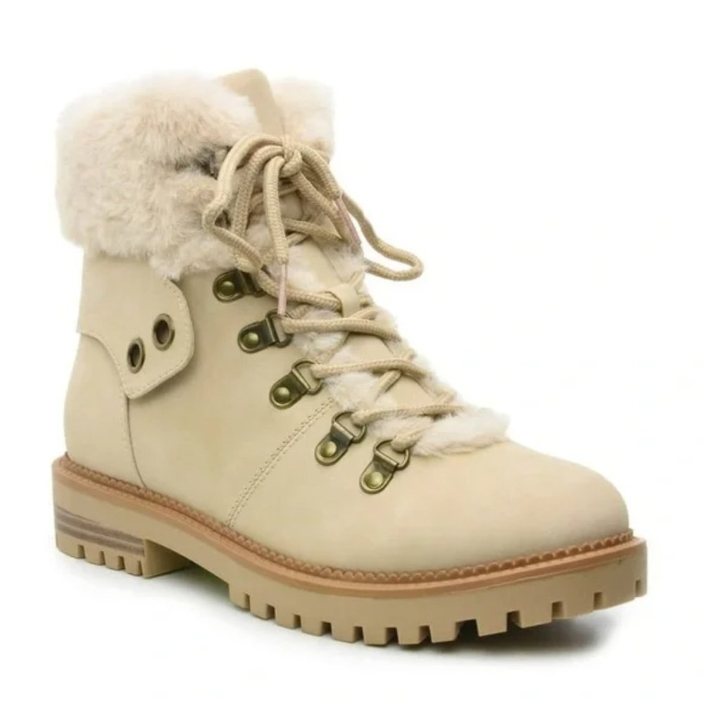 Nicole Miller Faux Fur Lace-Up Winter Trekking Boots, off-white, size 8